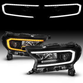 AmeriLite for 2019-2022 Ford Ranger XL/XLT Pickup [Full LED] Switchback Sequential Signal Tube Black Square Projector Headlight Set - Passenger and Driver Side