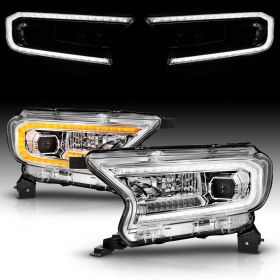 AmeriLite for 2019-2022 Ford Ranger XL/XLT Pickup [Full LED] Switchback Sequential Signal Tube Chrome Square Projector Headlight Set - Passenger and Driver Side