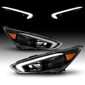 AmeriLite for 2015-2018 Ford Focus LED DRL Switchback Tube Black Square Projector Headlight Assembly Pair - Passenger and Driver Side
