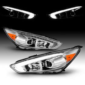 AmeriLite for 2015-2018 Ford Focus LED DRL Switchback Tube Chrome Square Projector Headlight Assembly Pair - Passenger and Driver Side