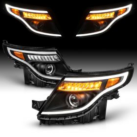 AmeriLite for 2011-2015 Ford Explorer LED Tube Signal Projector Black Replacement Headlight Pair - Driver and Passenger Side