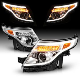 AmeriLite for 2011-2015 Ford Explorer LED Tube Signal Projector Chrome Replacement Headlight Pair - Driver and Passenger Side