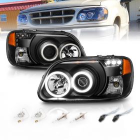 AmeriLite for 1995-2001 Ford Explorer Xtreme LED Halos Parking Lamp Black Projector Replacement Headlights Set - Passenger and Driver Side