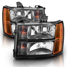 AmeriLite Black Headlights For GMC Sierra / Denali (Pair) High/Low Beam Bulb Included - Driver and Passenger Side