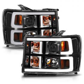 AmeriLite for 2007-2014 GMC Sierra 1500 2500 3500 Dual C-Type LED Tube Square Projector Black Replacement Headlight Pair - Passenger and Driver Side