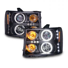 AmeriLite for 2007-2014 GMC Sierra 1500 2500 3500 Dual Xtreme LED Halo Rings Projector Black Replacement Headlight Assembly Set - Driver and Passenger Side