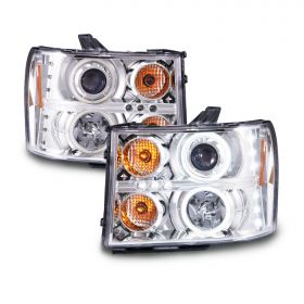 AmeriLite for 2007-2014 GMC Sierra 1500 2500 3500 Dual Xtreme LED Halo Rings Projector Chrome Replacement Headlight Assembly Set - Driver and Passenger Side