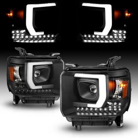 AmeriLite for 2014-2016 GMC Sierra 1500 2500HD 3500HD [Halogen Type] LED Bar Projector Black Headlights Assembly Pair - Driver and Passenger Side