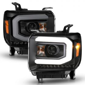 AmeriLite for 2014-2019 GMC Sierra 1500 2500HD 3500HD [LED DRL Type] Black LED Tube Projector Replacement Headlights Pair - Passenger and Driver Side