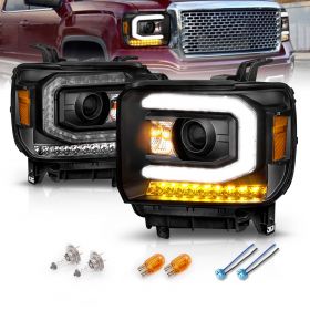 AmeriLite for 2014-2019 GMC Sierra 1500 2500HD 3500HD [LED DRL Type] Black LED Tube Projector Replacement Headlights Pair - Passenger and Driver Side