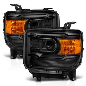 AmeriLite for 2014-2015 GMC Sierra 1500 / 15-2017 2500HD 3500HD Black Square Projector Replacement Headlights Assembly Pair - Passenger and Driver Side