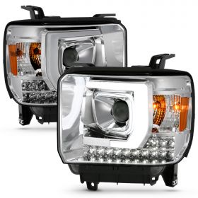 AmeriLite for 2014-2016 GMC Sierra Pickup Truck [Halogen Type] LED Bar Parking Lamp Chrome Projector Replacement Headlights Pair - Driver and Passenger Side