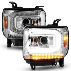 AmeriLite for 2014-2016 GMC Sierra 1500/15-2019 2500HD 3500HD [LED DRL Type] Chrome LED Tube Projector Headlights Pair - Passenger and Driver Side
