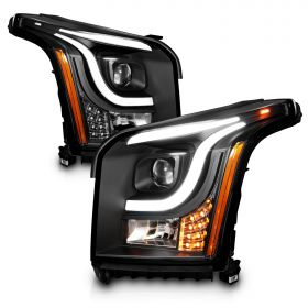 AmeriLite for 2015-2017 GMC Yukon / XL Halogen Type LED Tube Square Projector Black Replacement Headlights Assembly Set - Driver and Passenger Side