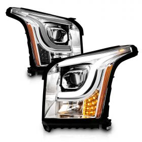 AmeriLite for 2015-2017 GMC Yukon / XL Halogen Type LED Tube Square Projector Chrome Replacement Headlights Assembly Set - Driver and Passenger Side