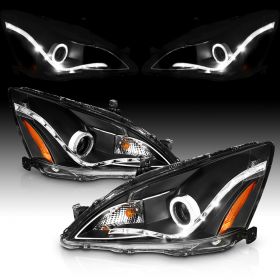 AmeriLite Projector Headlights Halo Black Amber (R8 Style) For Honda Accord 2/4 Door, Hybrid - Passenger and Driver Side