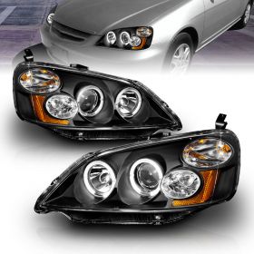AmeriLite Projector Headlights Halo Black Amber For Honda Civic - Passenger and Driver Side