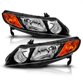AmeriLite JDM Black Replacement Headlights Set for 2006-2011 Honda Civic Sedan 4 Door/Hybrid - Passenger and Driver Side