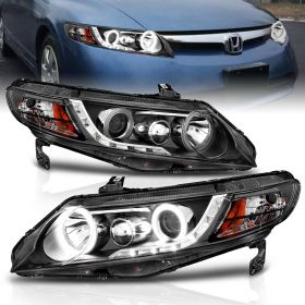 AmeriLite Projector Headlights Black Amber (CCFL Halo) for Honda Civic 4 Door/Hybrid - Passenger and Driver Side