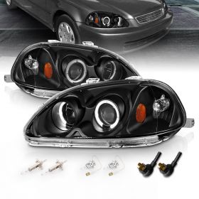 AmeriLite Black Dual LED Halo Projector Replacement Headlights Set For 96-98 Honda Civic - Passenger and Driver Side