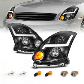 AmeriLite for 2003-2007 Infiniti G35 2 Door HID Models LED Lightning Tube Black Projector Headlight Assembly Set - Passenger and Driver Side