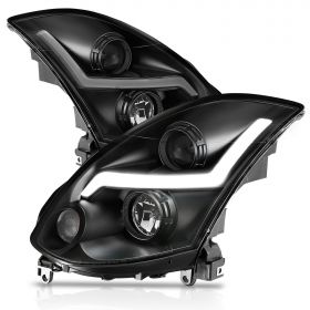 AmeriLite for 2003-2007 Infiniti G35 2 Door HID Models LED Lightning Tube Black Projector Headlight Assembly Set - Passenger and Driver Side