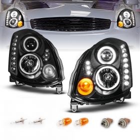 AmeriLite for 2003-2007 Infiniti G35 Coupe HID Type Dual Xtreme LED Halos Projector Replacement Headlights Pair - Passenger and Driver Side