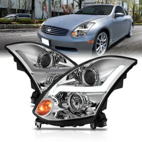 AmeriLite for Infiniti G35 2 Door Coupe LED Light Tube Projector Black Replacement Headlights(HID Compatible) - Passenger and Driver Side
