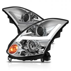 AmeriLite for Infiniti G35 2 Door Coupe LED Light Tube Projector Black Replacement Headlights(HID Compatible) - Passenger and Driver Side