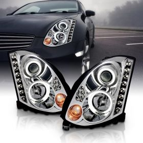 AmeriLite for 2003-2007 Infiniti G35 2 Door Coupe Dual Xtreme LED Halo LED Projector Chrome Replacement Headlights Set (HID Compatible) - Passenger and Driver Side