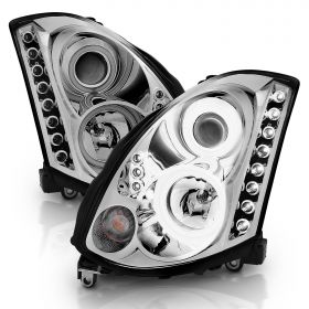 AmeriLite for 2003-2007 Infiniti G35 2 Door Coupe Dual Xtreme LED Halo LED Projector Chrome Replacement Headlights Set (HID Compatible) - Passenger and Driver Side