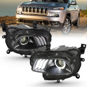 AmeriLite Black LED Bar Halo Replacement Headlights Set For 14-18 Jeep Cherokee - Driver and Passenger Side