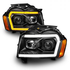 AmeriLite for 2005-2007 Jeep Grand Cherokee WK Switchback LED Tube Square Projector Black Headlights Assembly - Driver and Passenger Side