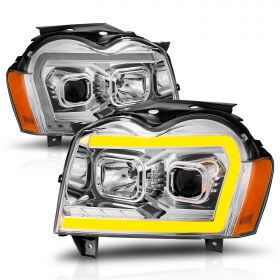 AmeriLite for 2005-2007 Jeep Grand Cherokee WK Switchback LED Tube Square Projector Chrome Headlights Assembly - Driver and Passenger Side