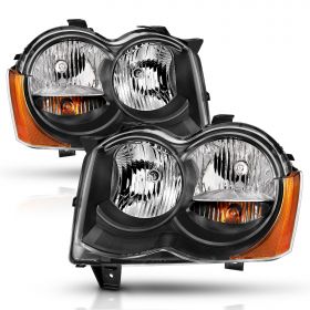 AmeriLite Black Replacement Headlights Set For Jeep Grand Cherokee Halogen Type (Pair) High/Low Beam Bulb Included