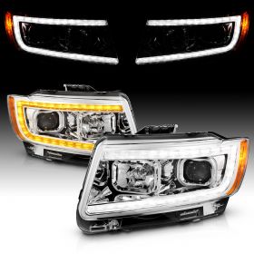 AmeriLite for 2011-2013 Jeep Grand Cherokee WK2 C-Type LED Switchback Tube Chrome Square Projector Headlight Assembly Pair - Passenger and Driver Side