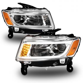 AmeriLite For 2014-2016 Jeep Grand Cherokee Halogen Ver. LED Bar / Turn Signal Projector Chrome Headlights Pair - Passenger and Driver Side