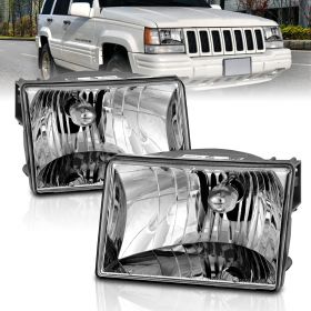 AmeriLite for 1993-1998 Jeep Grand Cherokee Replacement Crystal Chrome Main Kit Headlights Assembly Pair - Driver and Passenger Side