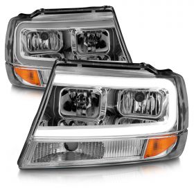 AmeriLite for 1999-2004 Jeep Grand Cherokee LED Light Bar Crystal Chrome Replacement Headlights Set - Driver and Passenger Side