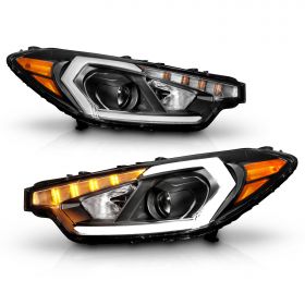 AmeriLite for 2014-2016 Kia Forte w/ LED Position Models Projector DRL Light Tube Black Replacement Headlights Assembly Pair - Driver and Passenger Side