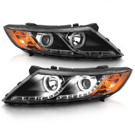 AmeriLite for 2011-2015 Kia Optima Halogen Model Xtreme LED Halo Rings Projector Black Replacement Headlights Set - Driver and Passenger Side