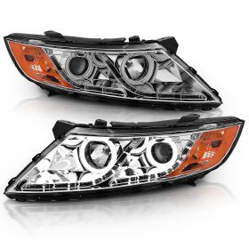 AmeriLite for 2011-2015 Kia Optima Halogen Model Xtreme LED Halo Rings Projector Chrome Replacement Headlights Set - Driver and Passenger Side