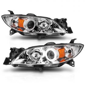 AmeriLite for 2004-2009 Mazda 3 4-Door Sedan Xtreme LED Halos Projector Chrome Replacement Headlights Pair - Passenger and Driver Side