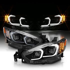AmeriLite Black Projector Headlights With Glow Bar For 2014-2017 Mazda 6 (Pair) High/Low Beam Bulb Included