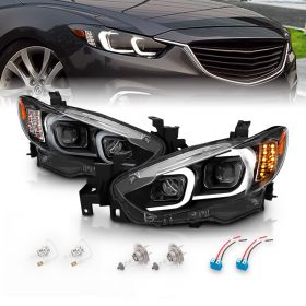 AmeriLite Black Projector Headlights With Glow Bar For 2014-2017 Mazda 6 (Pair) High/Low Beam Bulb Included
