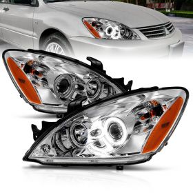 AmeriLite [LED RX Halo] 2004-2007 Mitsubishi Lancer Chrome Projector Headlights Pair