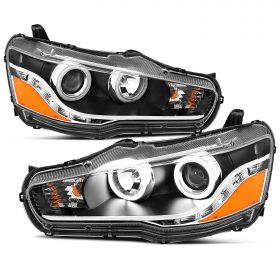 AmeriLite for 2008-2017 Mitsubishi Lancer / Evo Dual Xtreme LED Halos Light Bar Black Projector Headlights Set - Passenger and Driver Side