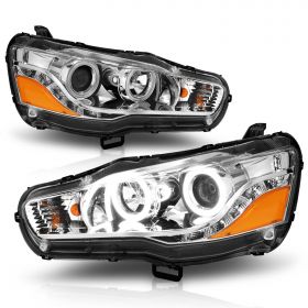 AmeriLite for 2008-2017 Mitsubishi Lancer / Evo Dual Xtreme LED Halos Light Bar Chrome Projector Headlights Set - Passenger and Driver Side