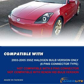 AmeriLite for 2003-2005 350Z [Halogen Type] LED Halo Parking Light Black Projector Headlights Pair(Not Fit HID D2S ver.) - Driver and Passenger Side
