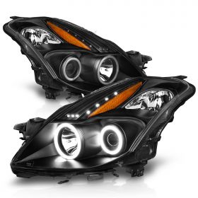AmeriLite for 2008-2009 Nissan Altima Coupe Dual Xtreme LED Halos Black Projector Replacement Headlights Set - Passenger and Driver Side